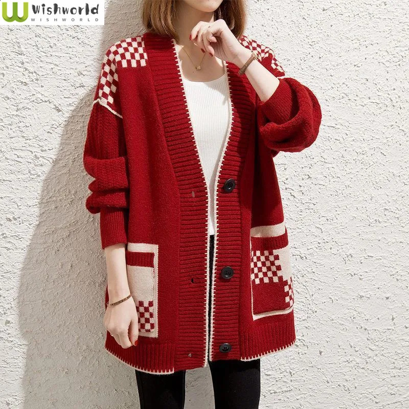 Sweater Womens Autumn and Winter Versatile Korean Version Loose Cardigan Knit Top for Outerwear with Trendy Temperament 241220