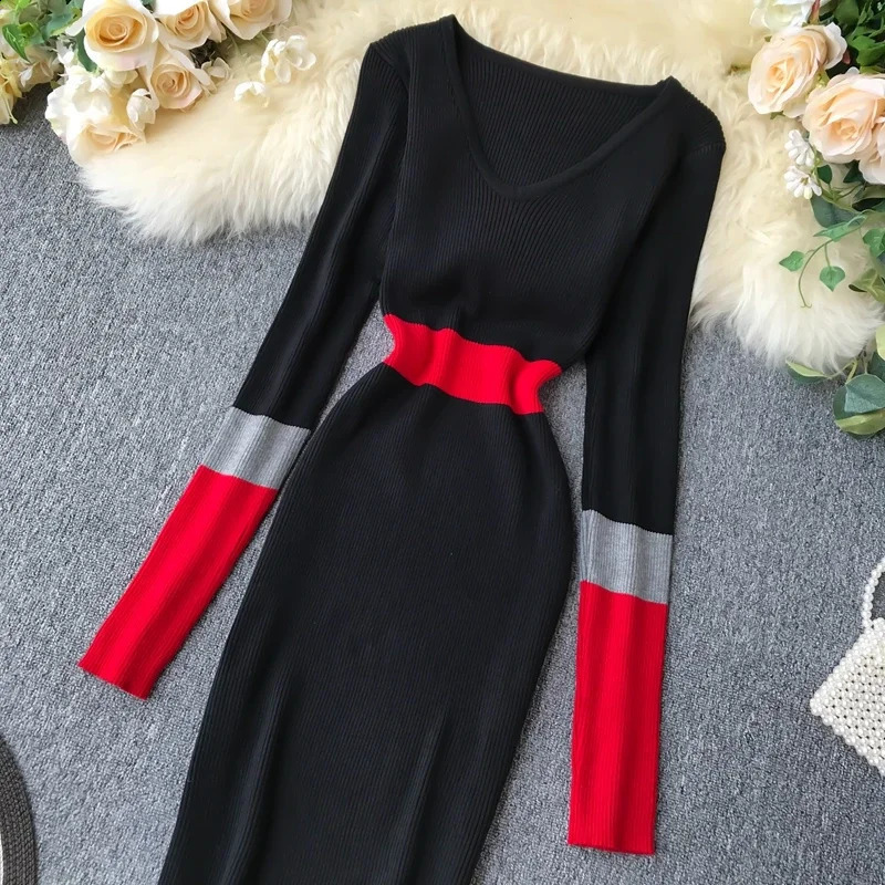 Women Autumn Winter Sweater Dress Fashion Patchwork V Neck Slim Elastic Warm Bodycon Pullovers Knitting 241218