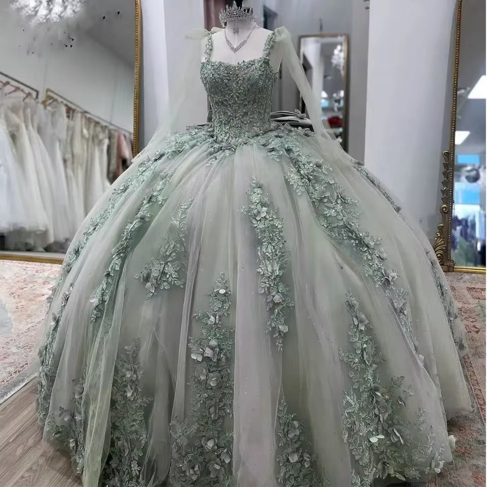 Sage Green Quinceanera Ball Gown Dress With 3D Handmade Appliques & Beading - Sweet 16 Vestido De 15 Anos