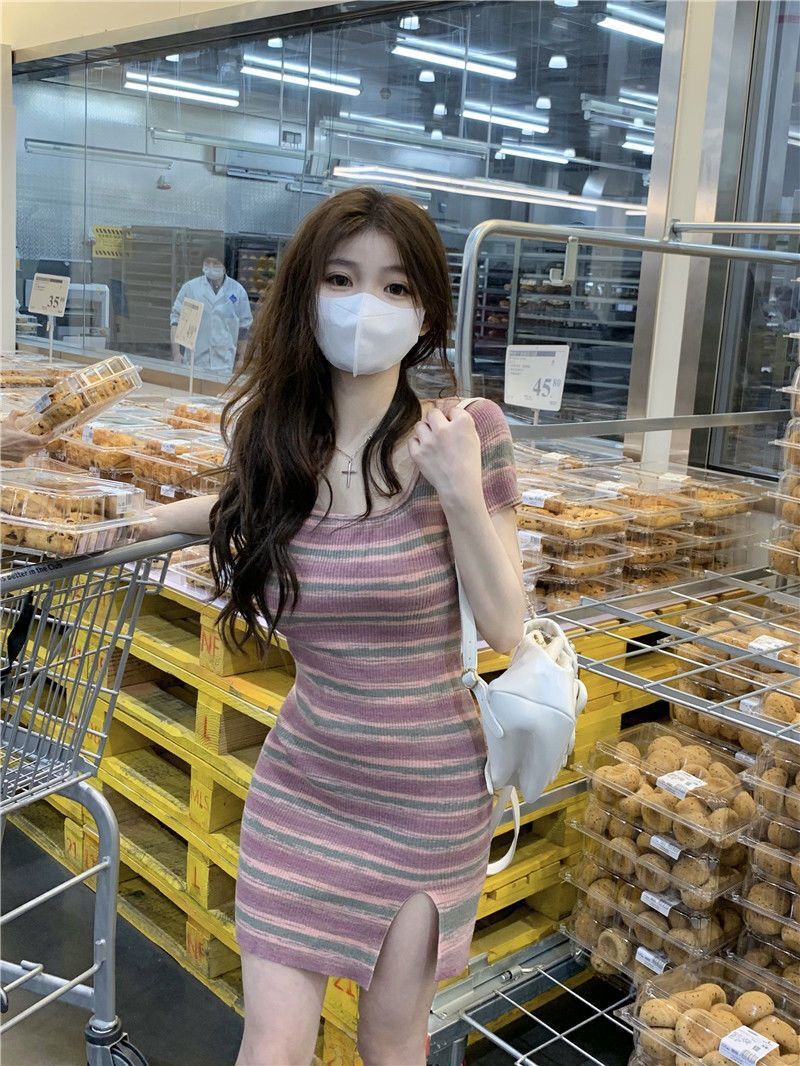 G81 Retro striped dress female summer pure desire sweet spicy sexy skirt new style tight hip slit short skirt