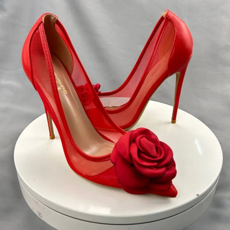 Red Flower Lace Womens Shoes 10CM Dot Toe Stiletto High Heels Womens Dress Womens Pump Plus Size 33-45 241223