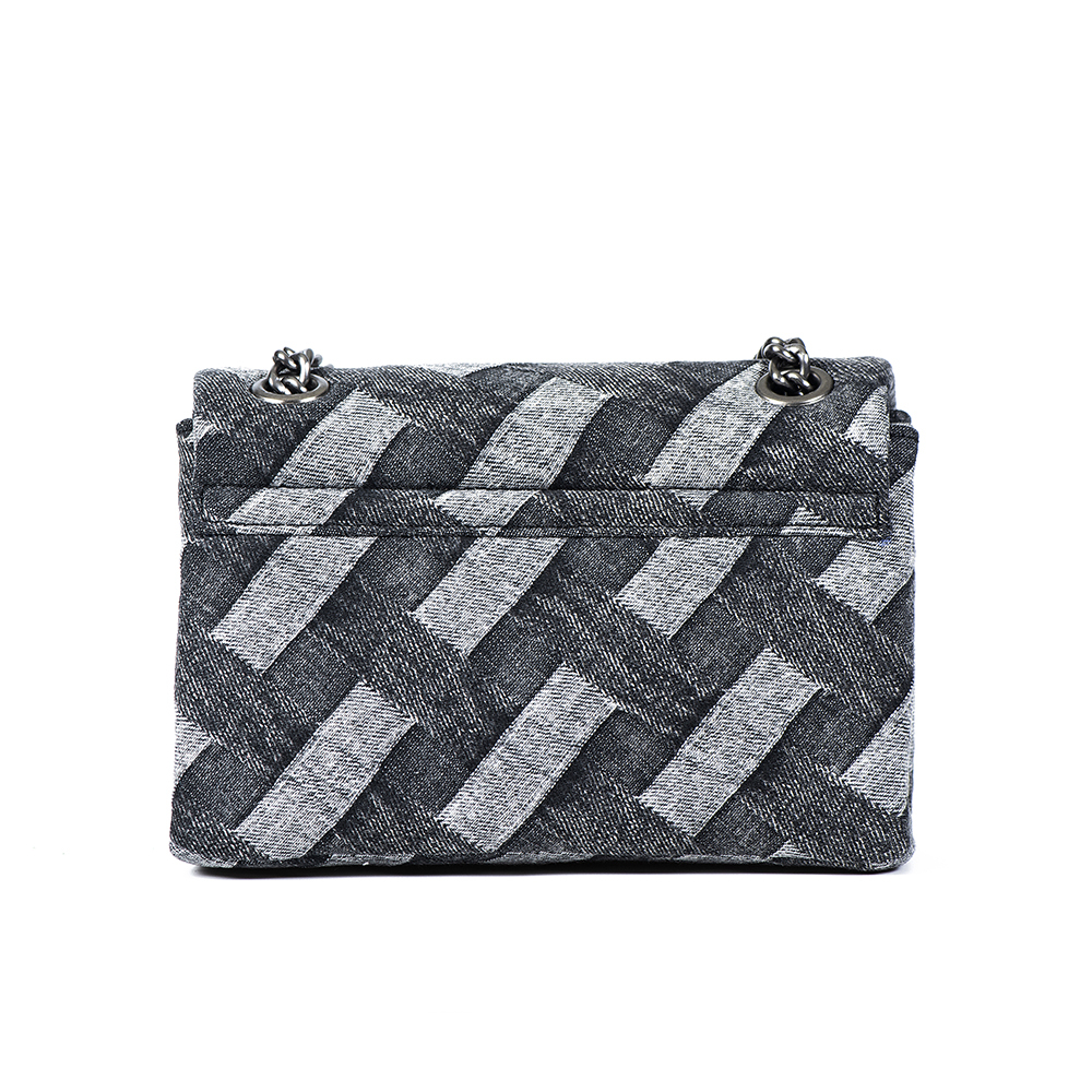 Black Denim Handbag Eagle Metal Metallic Chain Square Bag Jointing Purse