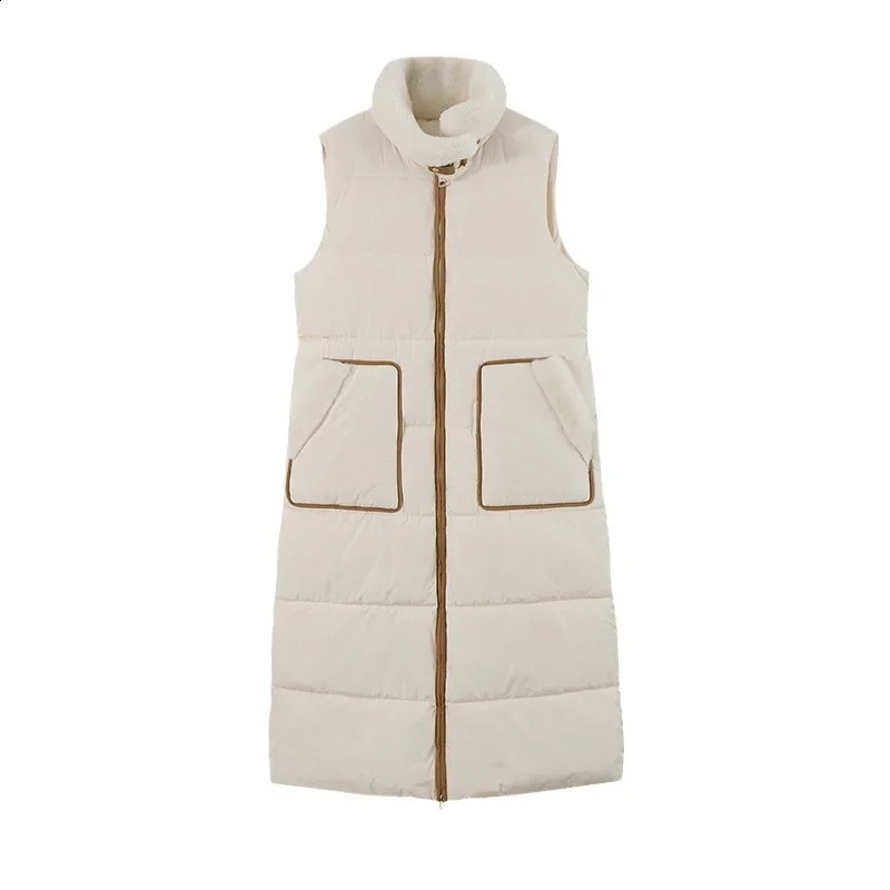 2024 Winter Long Womens Down Cotton Vest Jacket Stylish And HighEnd Plush Stand Collar Cinched Waist Slimmer Warm y241220