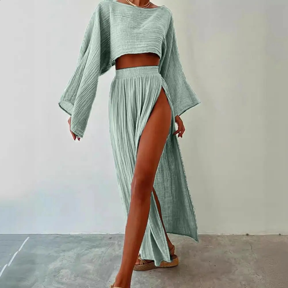 2 PcsSet Women Crop Top Skirt Set Long Sleeve Short High Waist Split Beach Bikini Coverup Lady Party Skirts 241220