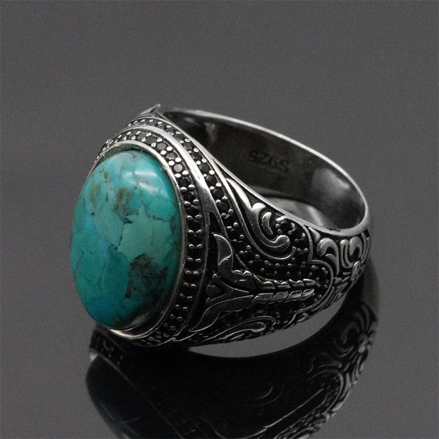 Natural Turquoise Stone Ring Men Pure Sterling Silver 925 Gemstone Ring Men Turkish Handmade Jewelry 241224