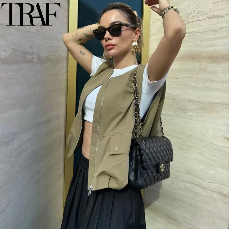 TRAF 2024 Womens Vest Cropped Sleeveless Jacket Women Stylish Pleated Black Short Coats Zipper Casual In Outerwears 241220