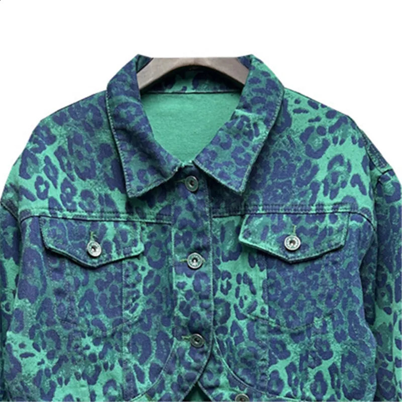Autumn Women Fashion Leopard Print Short Denim Jacket Green Rose Red Irregular Single-breasted Lapel Long Sleeve Jeans Jackets 241223