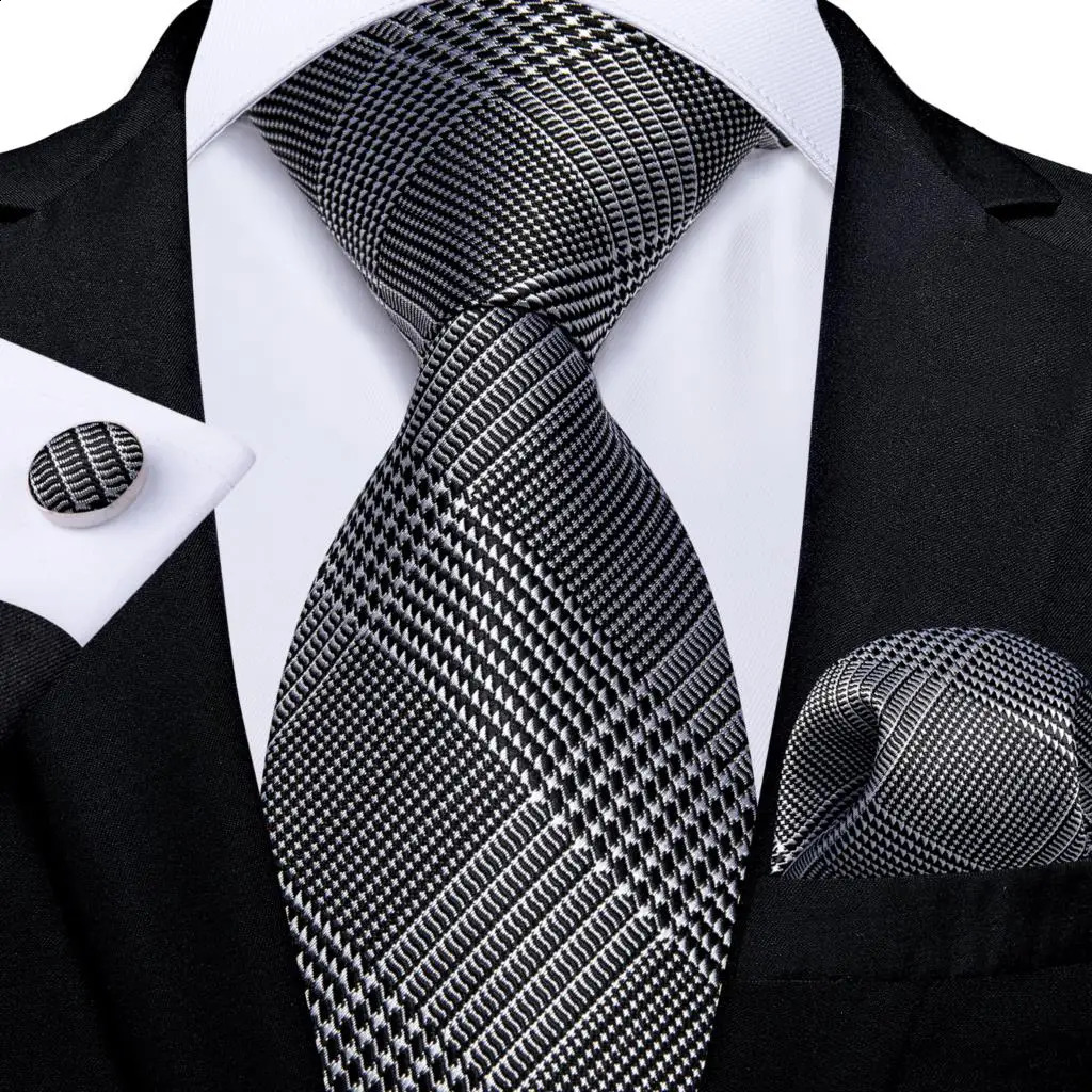 Silver Black Houndstooth Silk Ties For Men With Silver Tie Buckle Hoop Mens Hood Tie Set Pocket Square Men Gift 241224