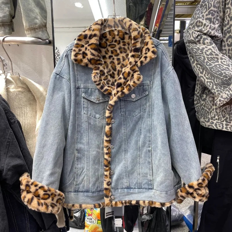 Winter Velvet Thickened Fur Integrated Plush Warm Jacket Leopard Print Lamb Wool Denim Cotton Clothes For Women 241223