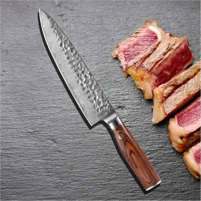 Chefs Knife 67th Floor Damascus Vg10 Kitchen Knife Stainless Steel Slicer with Redwood Handle Western Kitchen Cooking 241224