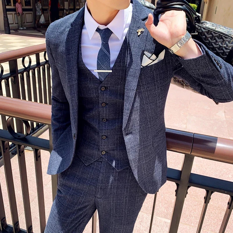 Mens Suit Jacket Vest Pants Fashion Boutique Plaid Casual Business Male Groom Wedding Tuxedo Dress 3 Pieces Set Blazers Coat 241220