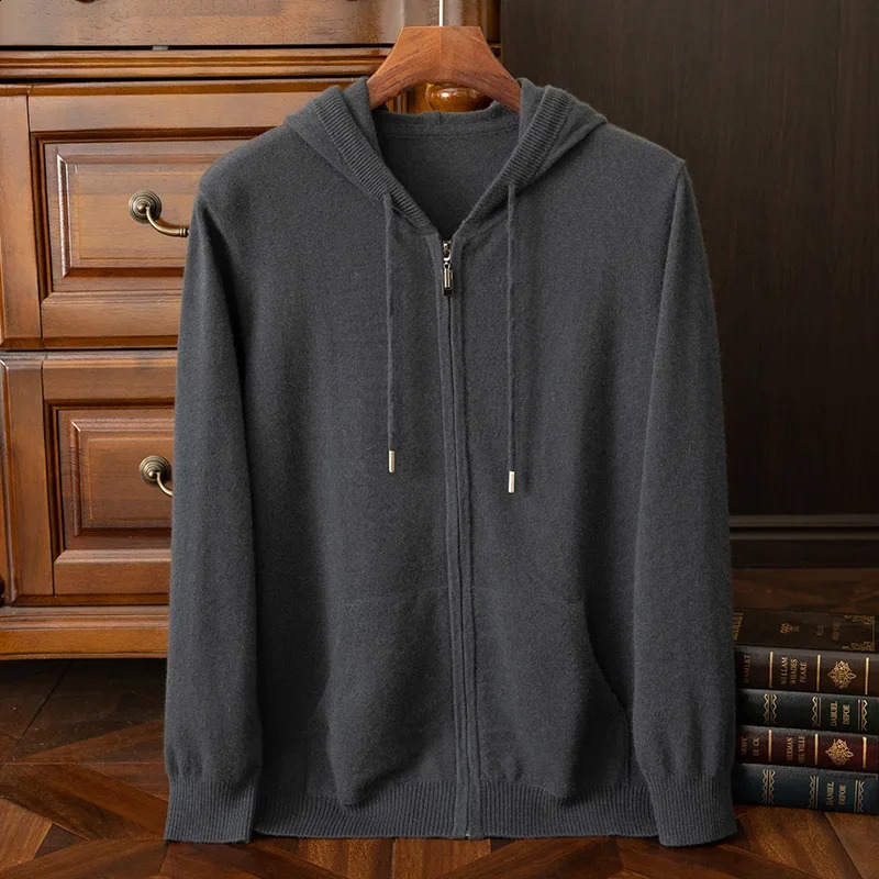24 mens autumn and winter 100% pure wool cardigan sweater pocket solid color thick sweater cashmere knitted jacket 241223