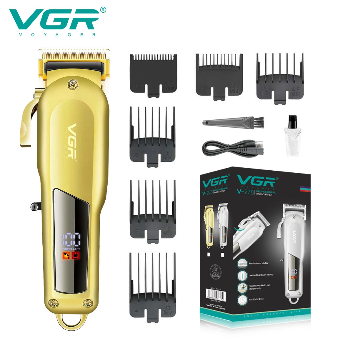 VGR Hair Clipper Professional Hair Trimmer LED Display Hair Cutting Machine Mini Gold Cordless Electric Clippers for Men V-278 241224