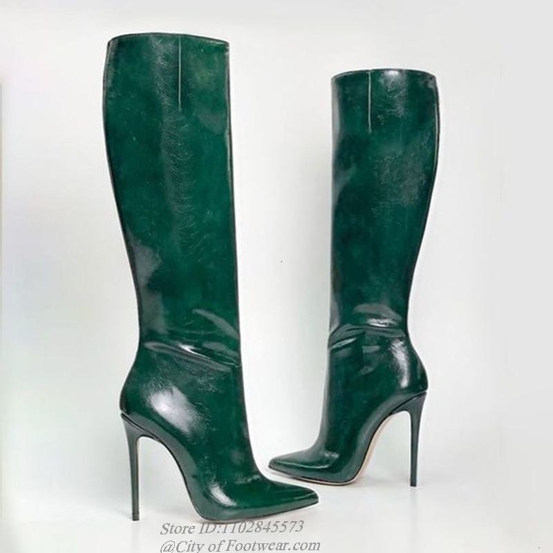 Pointed Toe Leather Green Knee Boots Metallic High Heels Pull On Women's Sexy Colorful Boot Designer Big Size Shoes