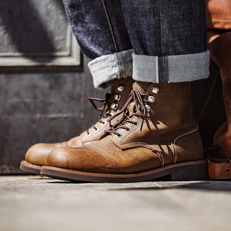 Maden First Layer Cowhide 8111 Ankle Boots Retro Leather Umbrella Motorcycle Boots Autumn Mens Casual Safety Shoes 241223