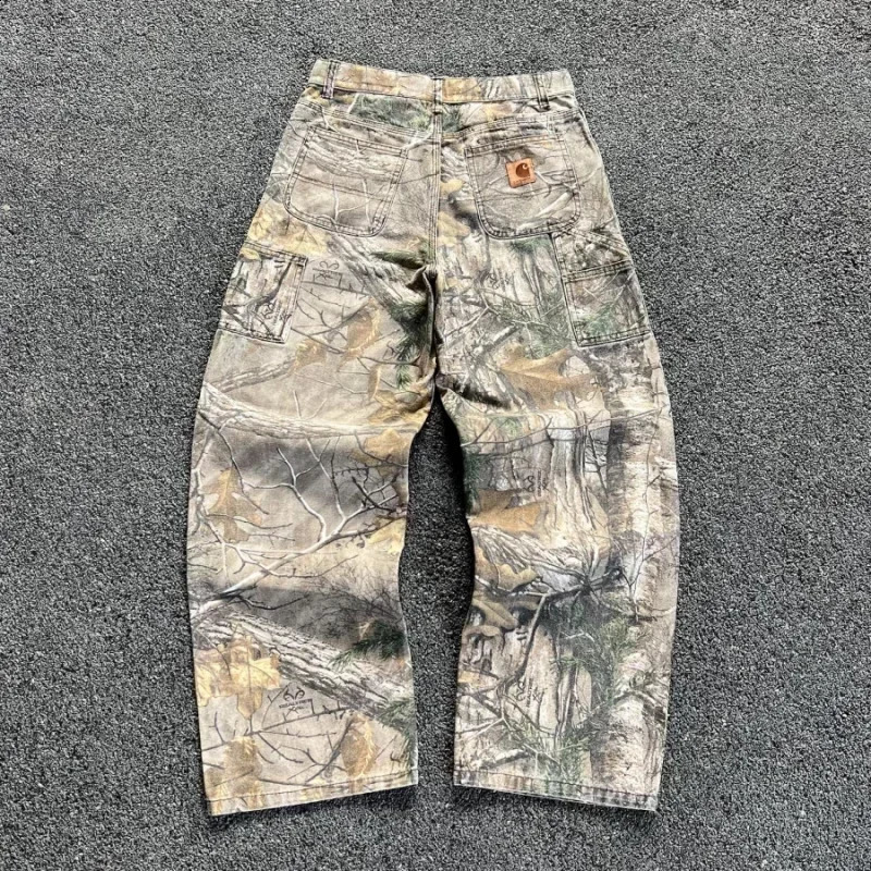 American Washed Branch Camouflage Wide Leg Loose Jeans for Men Autumn Mens Straight Retro Fashion Street Trend 2025 241224