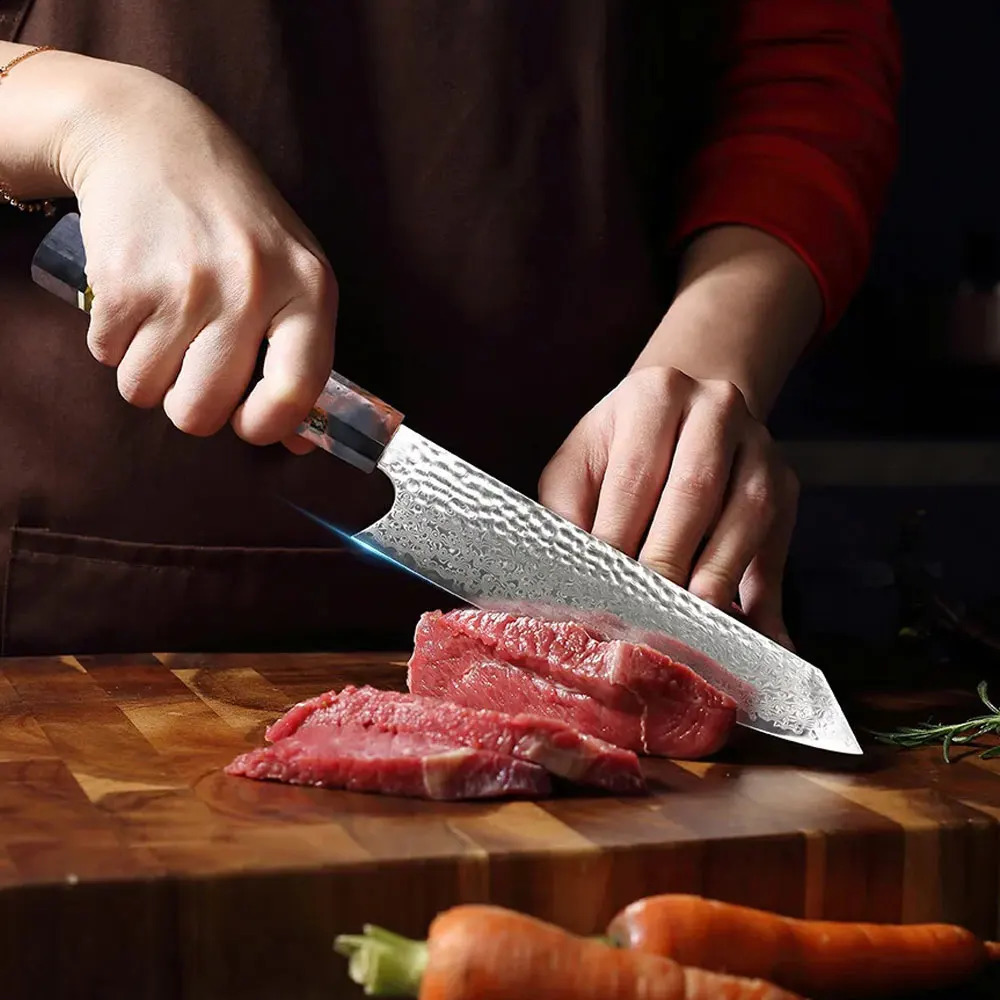 8-inch Japanese knife 45 layer Damascus steel colored wooden handle kitchen knife meat/vegetable cutter/multi-purpose knife 241224