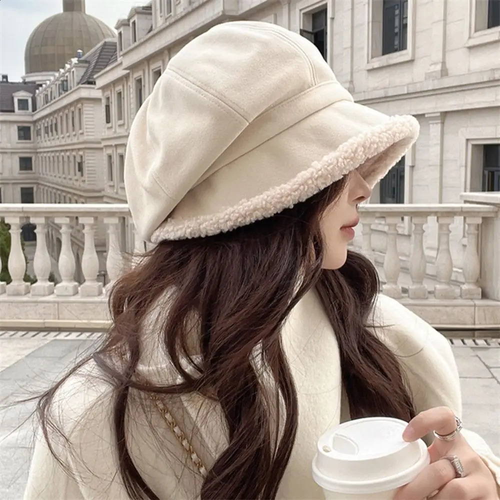 Winter Hats for Women Suede Bucket Hat Plus Velvet Lamb Hair Caps Outdoor Warm Thick Beret Wide Brim Windproof Cap Thick Hats 241223