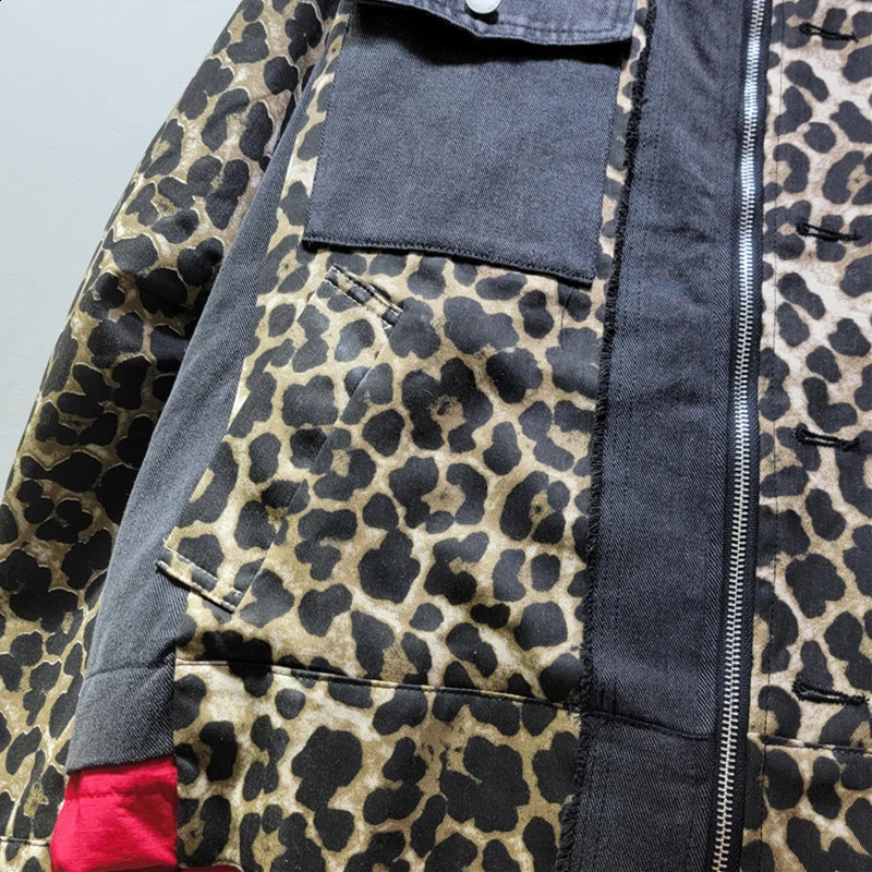 KBQ Leopard Printting Denim Jackets For Women Lapel Long Sleeve Patchwork Zipper Minimalist Chic Coats Female Fashion Clothes 241223