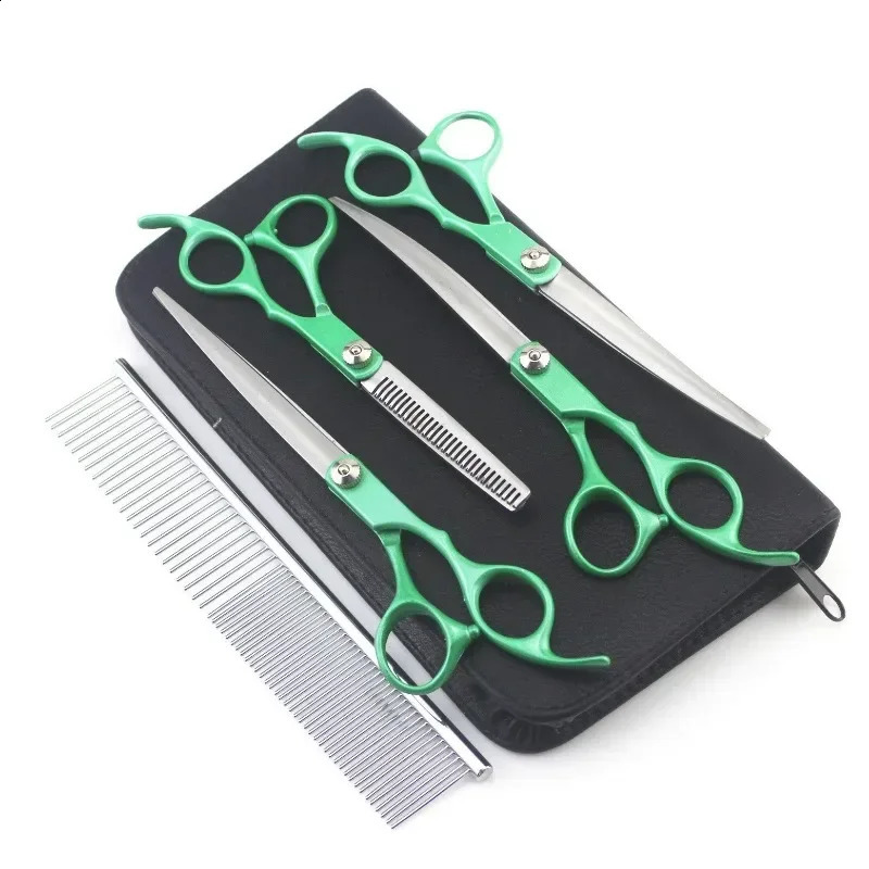 4PCS 7inch Gold Handle Scissors Professional Dog Grooming Hairdressing Shear Scissors Set Curved Scissors kit pet groomer tools 241224