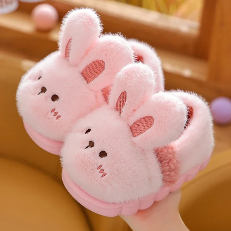 Childrens Cartoon Animals Heel Wrap Plush Slippers Soft Sole Non-slip Winter Warm Baby Boys Girls Indoor Home Cotton Shoes 241223
