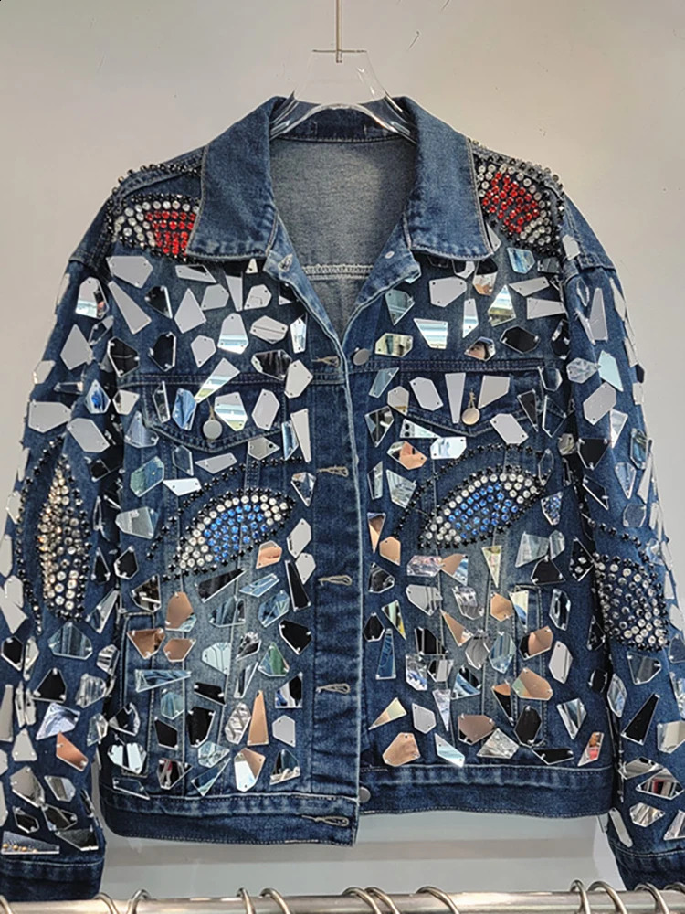 DEAT Womens Denim Shiny Irregular Sequins Colorful Diamonds Blue Long Sleeve Female Coat Jacket 2025 Spring Fashion 33A1799 241223