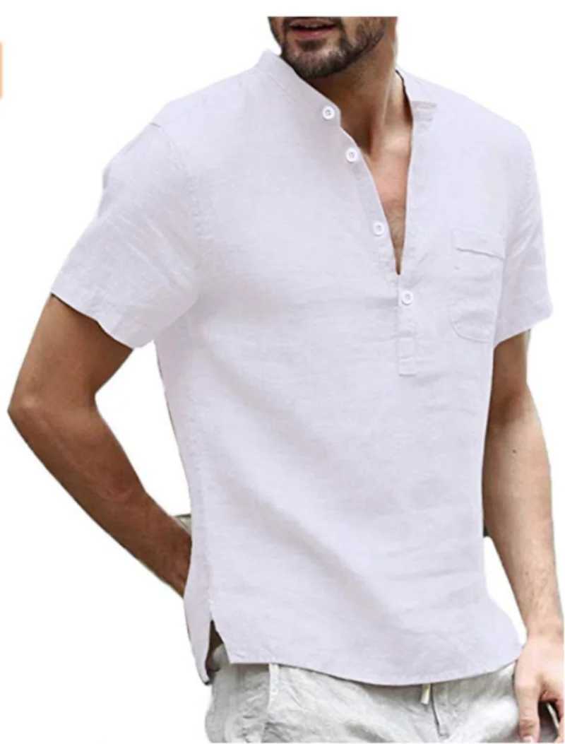 2023 new hot cotton hemp rope short sleeved mens T-shirt stand up collar button simple short sleeved shirt S-5XL W241223