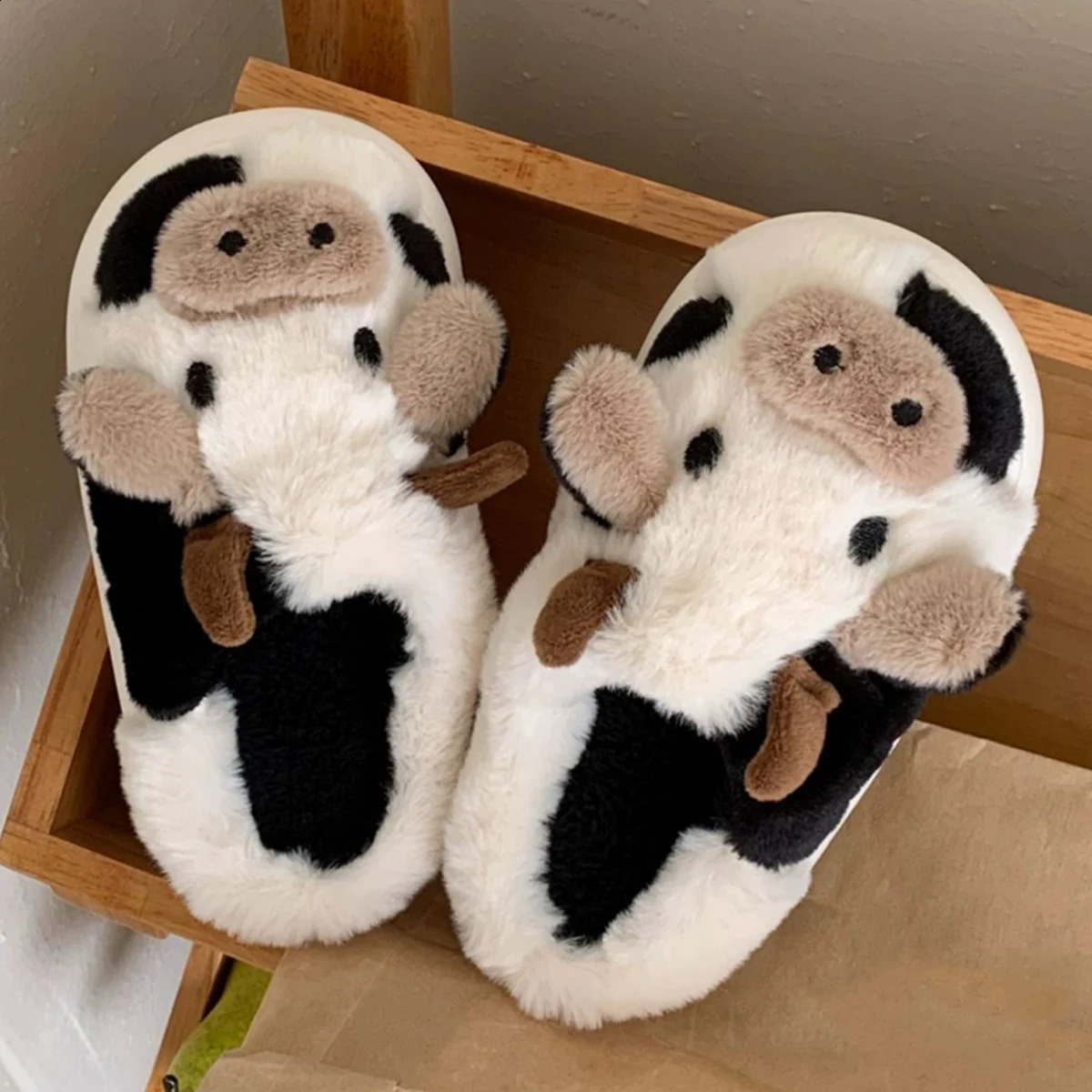Cute Cow Winter Children Slipper Soft Heel Platform Fur Warm Indoor Comfortable Home Fluffy Home Slippers 241223