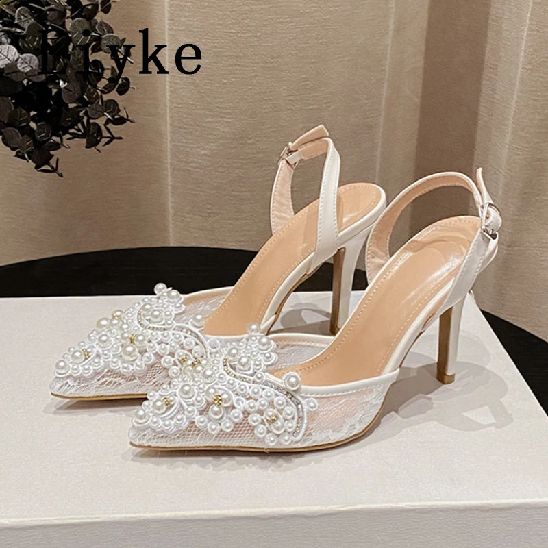 Liyke sexy back buckle strap womens pump fashionable crystal pearl mesh pointed toe suspender high-heeled sandals womens shoes 241223