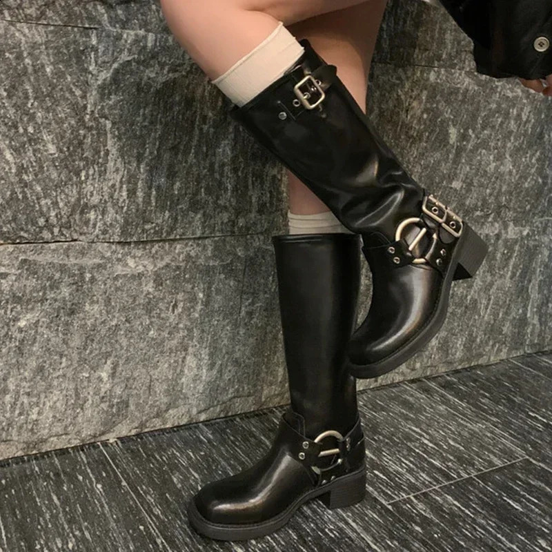 JOZHATA Size 34-42 Retro Western Womens Genuine Leather Knee High Boots Thick High Heels Autumn Winter Womens Shoes Retro 241223