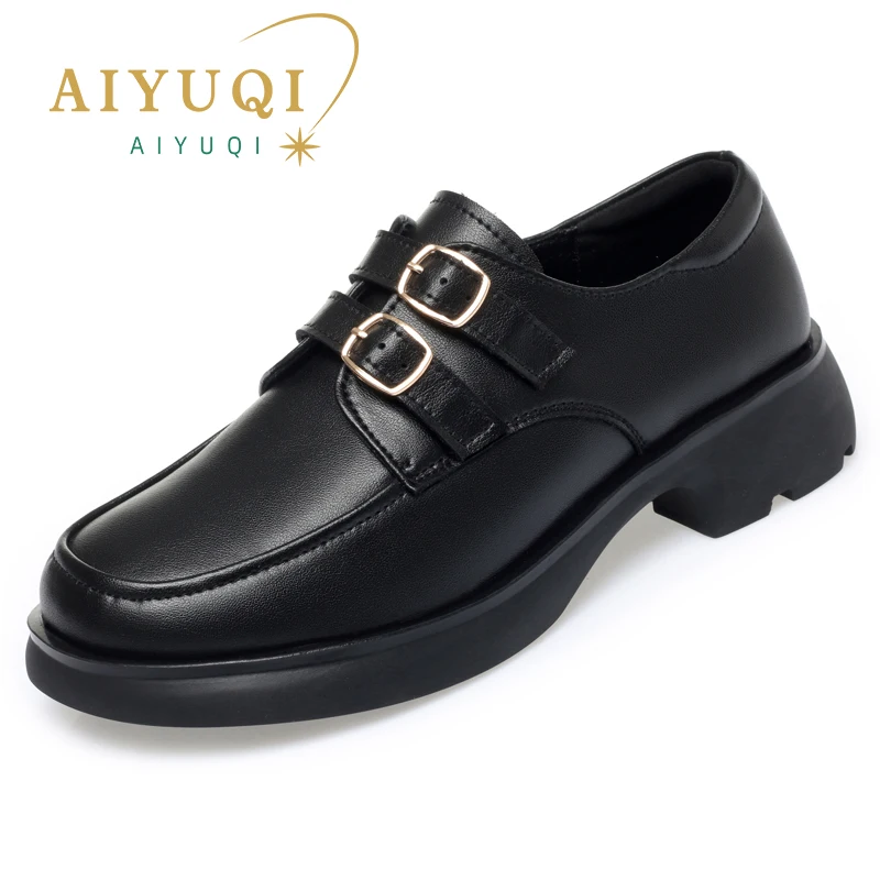 AIYUQI Women Shoes Fur British Style Fall Genuine Leather Women Loafer Shoes Retro Mid-heel Women Shoes