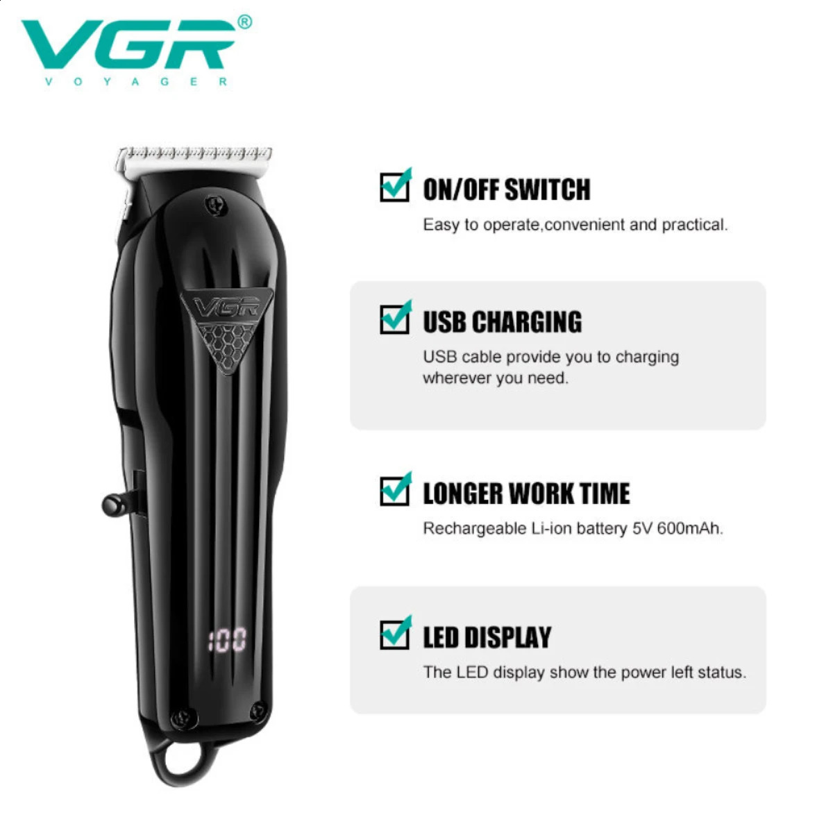 VGR Hair Clipper Professional Hair Cutting Machine Rechargeable Barber Hair Trimmer Cordless Haircut Clipper for Men V-282 V-982 241224