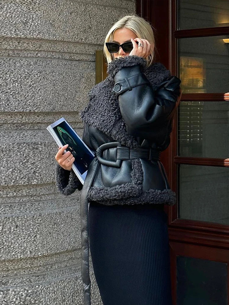 PU Leather Lamb Wool Patchwork Womens Jackets Belt Solid Lace Up Lapel Thicken Warm Overcoat Autumn Winter Lady Jacket 241217