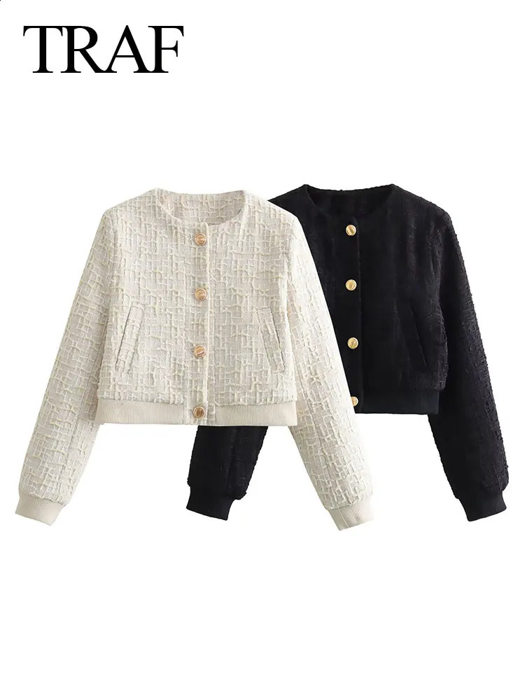TRAF Spring Women Fashion Bomber Jacket Long Sleeves Loose Cropped Cardigan Woman Elegant Versatile Female Coat 241218