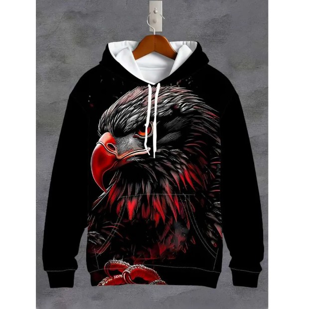 Men's casual 3D eagle print pullover, long sleeved, drawstring hat, with pockets, fashionable outdoor wear