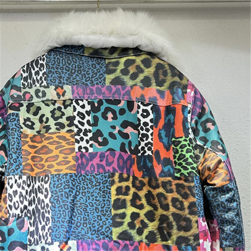 Winter Thick Big Fur Collar Fleece Liner Denim Jacket Women Outwear Loose Short Rivet Beading Leopard Print Jeans Jacket Female 241223