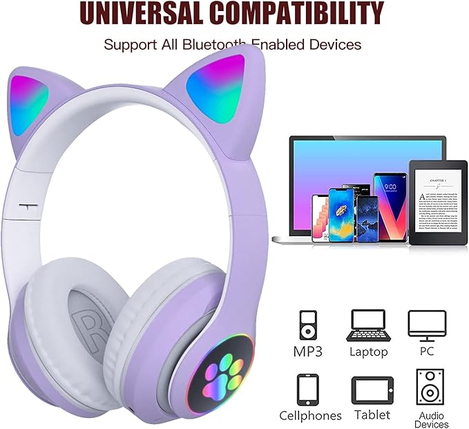 Bluetooth Headphones for Kids, Cute Ear LED Light Up Foldable Headphones Stereo Over Ear with Microphone/TF Card Wireless Headphone for iPhone/iPad