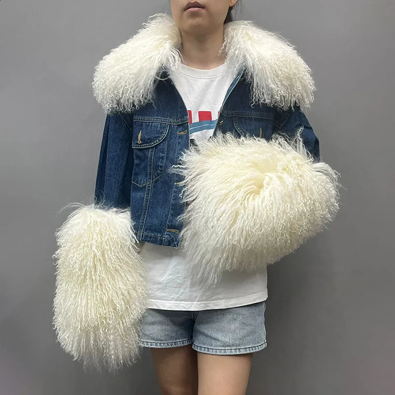 Arrivals Fluffly Real Mongolian Fur Denim Jacket Women Big Collar Natural Fur Coat Lady Fashion Denim Coat S5595B 241220