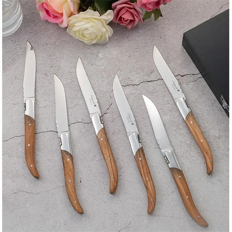 4/6/8/10 Laguiole steak knife set with olive wood handle dinner knife hammer blade steak knife 8.25-inch kitchen blade Christmas knife 241223