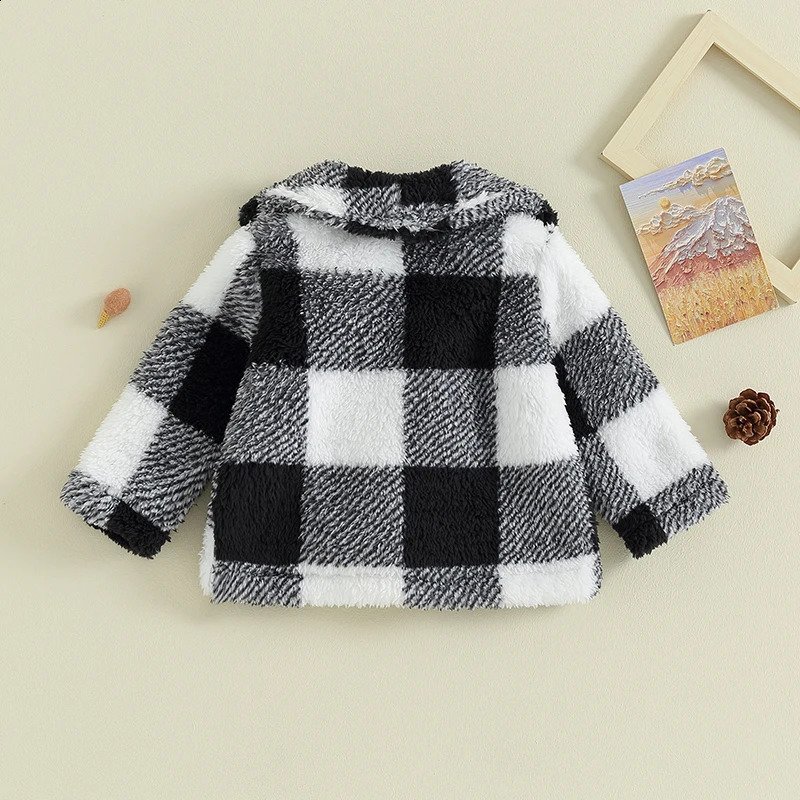Children Plaid Plush Jacket For Baby Boys Girls Fall Winter Long Sleeve Button Cardigan Coat Outerwear Fleece Cardigan Clothing 241223
