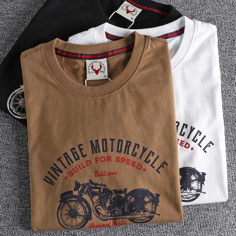 Summer American retro short sleeved O-neck motorcycle printed T-shirt for men fashionable and simple 100% pure cotton wash casual sports top W241223