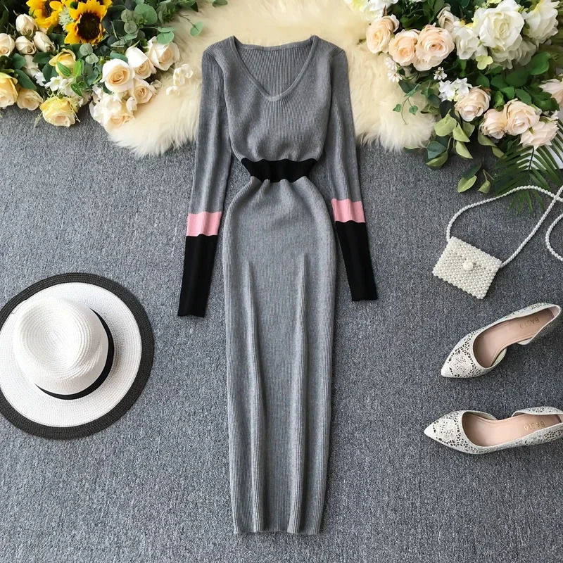 Women Autumn Winter Sweater Dress Fashion Patchwork V Neck Slim Elastic Warm Bodycon Pullovers Knitting 241218