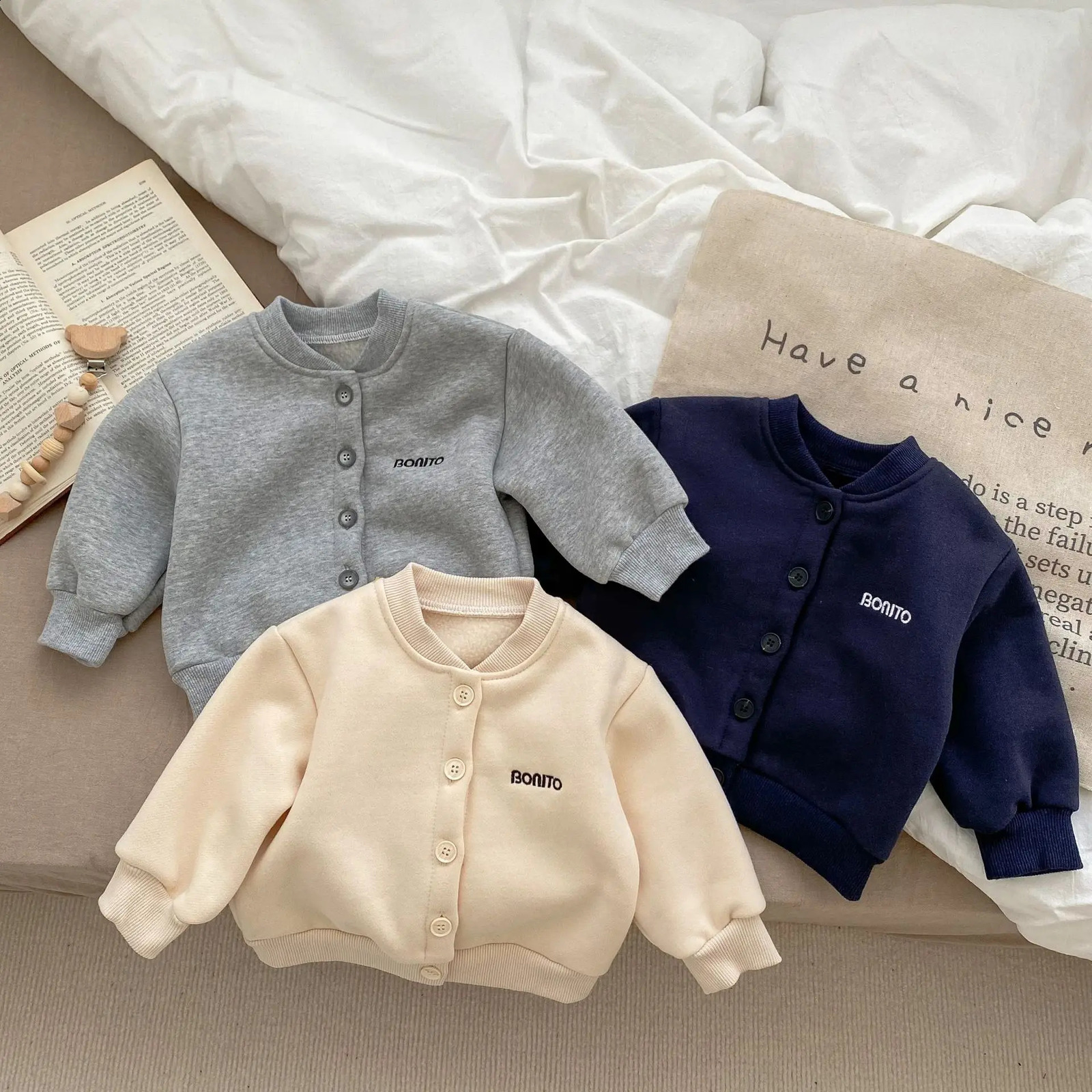 2025 Autumn Winter Baby Boy Warm Coat Infant Letter Embroidery Cotton Jacket Girls Casual Cardigan Sweatshirt Kids Clothes 241223