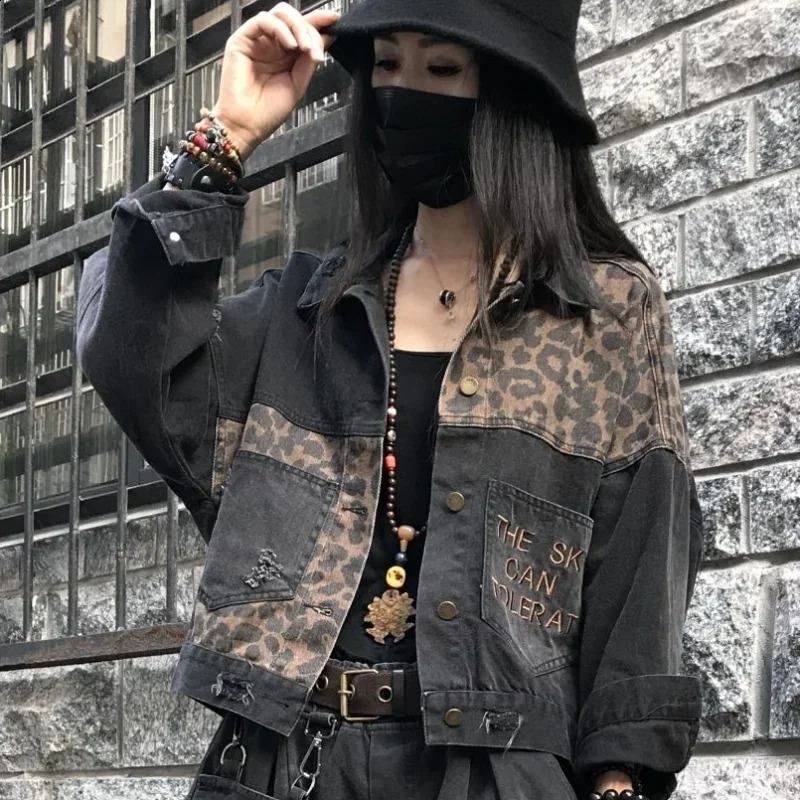 Woman Jean Coat Outerwear Small Leopard Black Denim Jacket for Women with Print Graphic Biker Short Crop Arrivals Trend 241223
