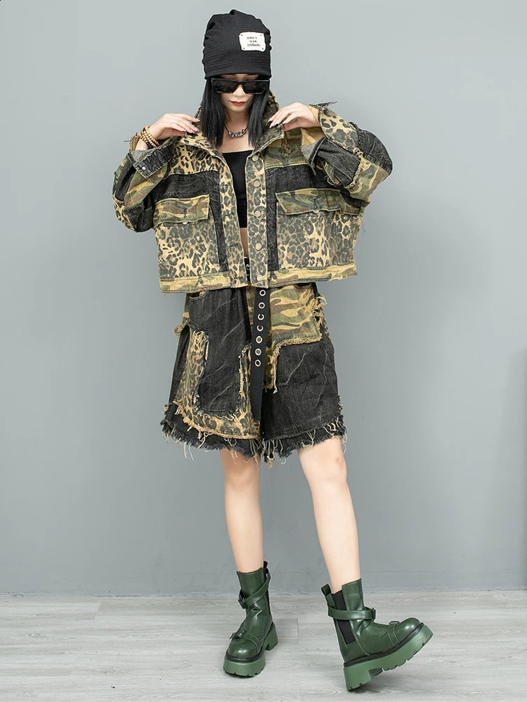 Early Autumn Leopard Print Patchwork Long Sleeved Denim Jacket Women LX1901 241223