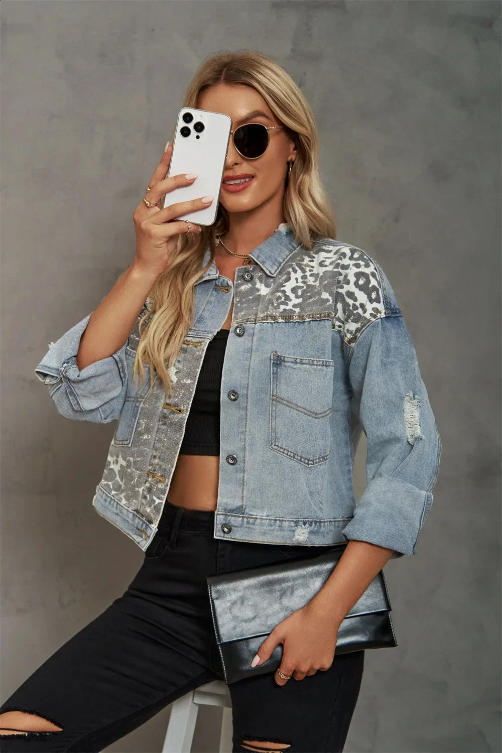 Fall Womens Ripped Leopard Print Short Denim Jacket Fashion Slim Long Sleeve Jeans Coat Street Clothing S-XL 241223
