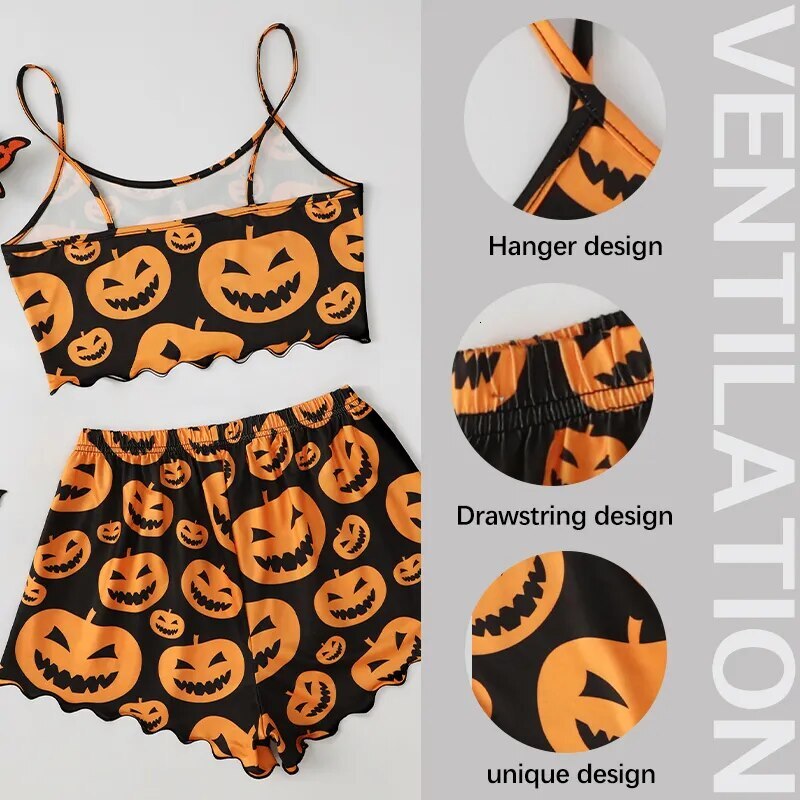 Halloween Pama Set Spooky Head Print Round Neck Camisole Top And Pumpkin Lettuce Side Shorts Homewear Pa