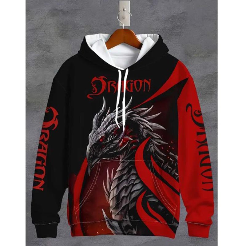 Men's 3D dragon print hooded casual long sleeved sweatshirt with drawstring pocket, polyester knitted fabric, slightly elastic pullover