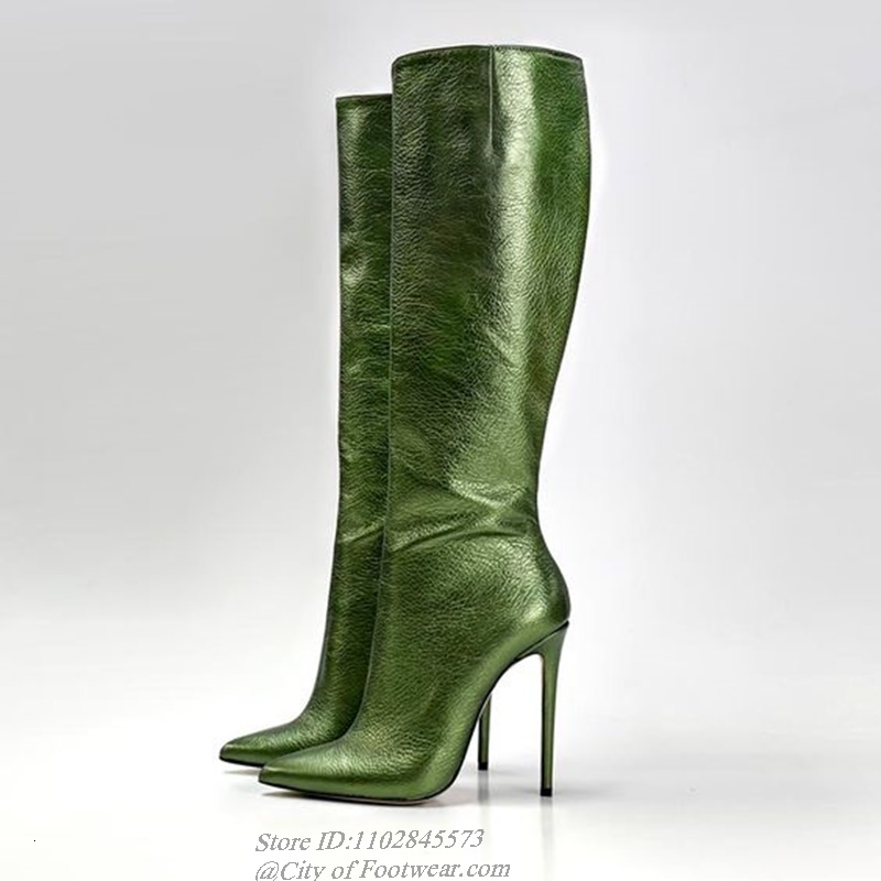 Pointed Toe Leather Green Knee Boots Metallic High Heels Pull On Women's Sexy Colorful Boot Designer Big Size Shoes