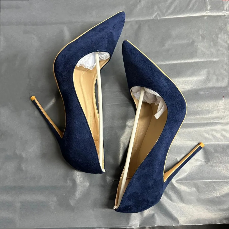 Navy Blue Womens Synthetic Suede High Heels with Lace Slip on OL Womens Stiletto Pump 8 10 12cm Fashion Wedding Shoes 241223